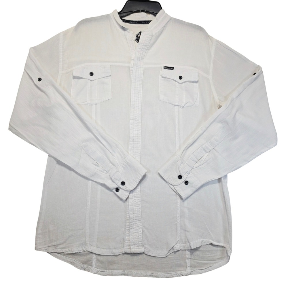 Blanc du Nil Mens White Cotton Mandarin Collar Roll Tab Button Up Shirt Large